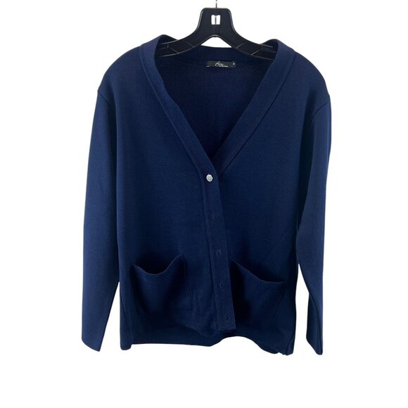 Bm Collection Navy Blue Acrylic Cardigan Pockets Button Front Knit Mature Size M - Picture 1 of 11